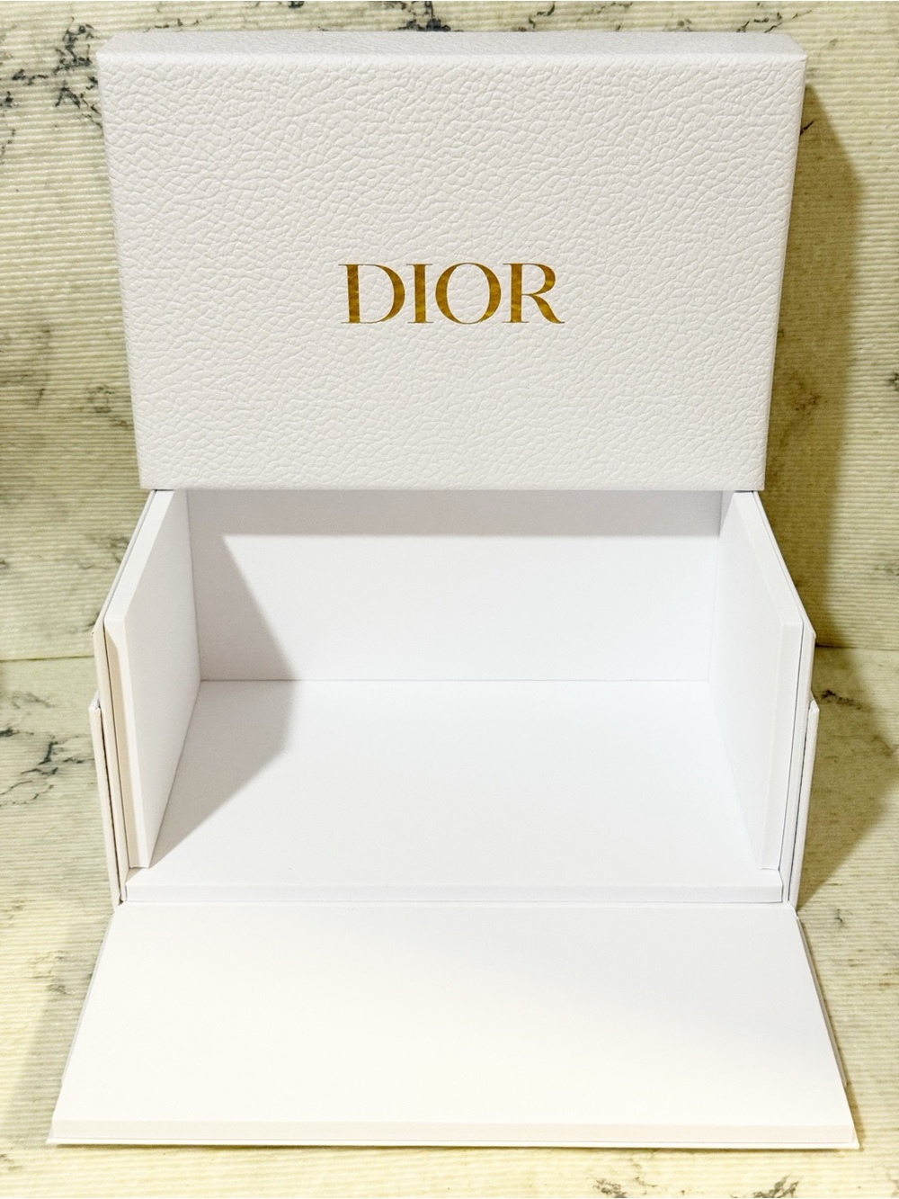 Dior Rectangular White Pebbled Box, Dior Logo in Gold (box only) One Side Opens